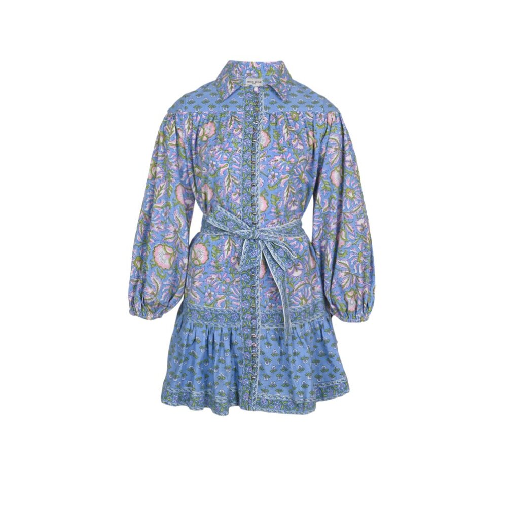 Miss June Lorena Shirt Dress Mini Womens OS S M Blue Long Sleeve Cotton Floral